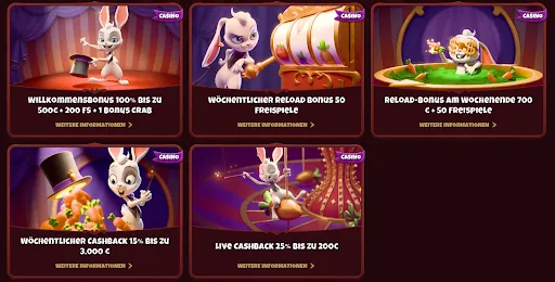 Aktionen: 100 % bis zu 500 € + 200 FS • 50 FS Reload-Bonus • 700 € + 50 FS Wochenend-Reload • 15 % Cashback bis 3.000 € • 25 % Live Cashback bis 200 € – Magius Casino Magius Casino-Aktionsübersicht: Willkommensbonus, wöchentlicher Reload, Wochenend-Reload, wöchentlicher Cashback & Live Cashback