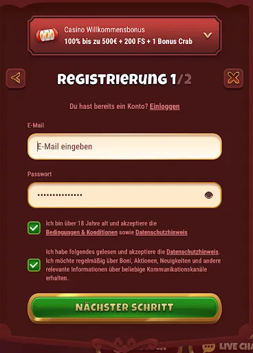 Registrierung 1/2 – Casino Willkommensbonus: 100 % bis zu 500 € + 200 FS + 1 Bonus Crab – Magius Casino Magius Casino-Registrierungsformular mit Casino-Willkommensbonus-Auswahl