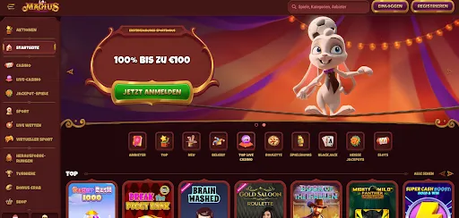 100 % bis zu 100 € Ersteinzahlungs-Sportbonus – Magius Casino Magius Casino-Startseite mit Ersteinzahlungs-Sportbonus-Slider und Hasen-Maskottchen