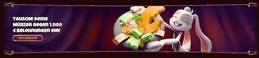 Tausche deine Münzen gegen 1.000 € Belohnungen ein – Magius Casino Magius Casino-Münztausch-Banner mit Hasen-Maskottchen