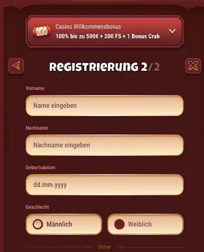 Registrierung 2/2 – Vorname, Nachname, Geburtsdatum & Geschlecht – Magius Casino Magius Casino-Registrierungsformular Schritt 2 mit Eingabefeldern für Vorname, Nachname, Geburtsdatum und Geschlecht