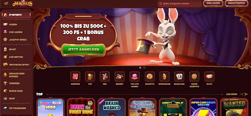 100 % bis zu 500 € + 200 Freispiele – Magius Casino Magius Casino-Startseite mit Hasen-Maskottchen