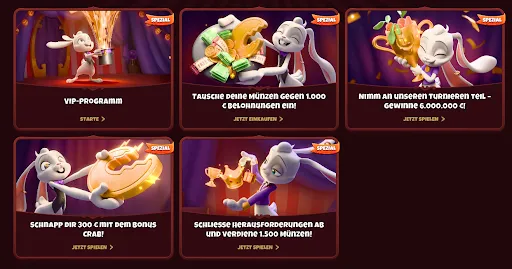 Spezial: VIP-Programm • Münztausch gegen 1.000 € • Turniere mit 6.000.000 € Preisgeld • 300 € Bonus Crab • 1.500 Münzen Herausforderungen – Magius Casino Magius Casino-Spezialangebote mit VIP-Programm, Münztausch, Turnieren, Bonus Crab und Herausforderungen