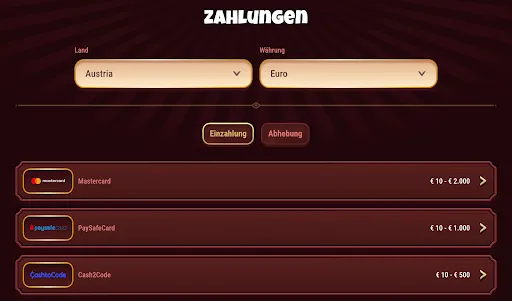 Einzahlungsmöglichkeiten: Mastercard (€ 10 – € 2000), PaySafeCard (€ 10 – € 1000), Cash2Code (€ 10 – € 500) – Magius Casino Magius Casino-Zahlungsseite mit Mastercard, PaySafeCard und Cash2Code