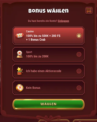 Bonus wählen: 100 % bis zu 500 € + 200 FS + 1 Bonus Crab (Casino), 100 % bis zu 200 € (Sport), Aktionscode oder Kein Bonus – Magius Casino Magius Casino Bonuswahl-Dialog mit Optionen für Casino-Bonus, Sport-Bonus, Aktionscode und Kein Bonus