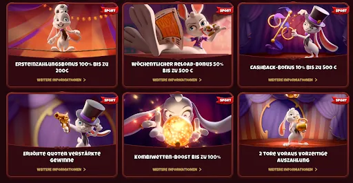 Sportaktionen: 100 % bis 200 € Ersteinzahlung • 50 % bis 500 € Reload • 10 % bis 500 € Cashback • Erhöhte Quoten • Kombi-Boost bis 100 % • 2 Tore Voraus-Auszahlung – Magius Casino Magius Casino-Sportaktionen mit Hasen-Maskottchen: Ersteinzahlungsbonus, wöchentlicher Reload, Cashback, erhöhte Quoten, Kombi-Boost und Vorzeitige Auszahlung
